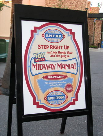 Toy Story Midway Mania Preview sign in 2008