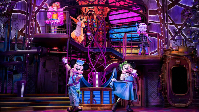 Mickey and Minnie, Timon, Vampirina and Fancy Nancy in Disney Junior Dream Factory show at Disneyland Paris. Photo copyright Disney.