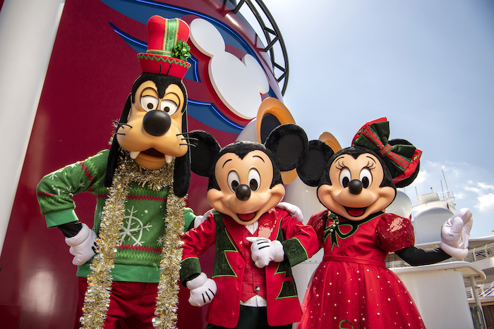 Mickey, Minnie and Goofy in Very Merrytime Cruise Costumes for 2023 on the Disney Cruise Line