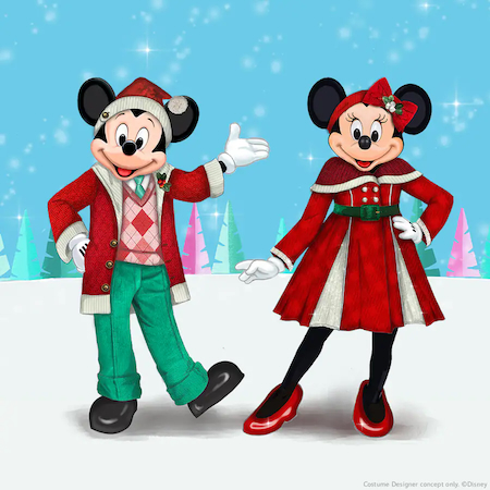 Mickey Mouse and Minnie Mouse in their Disneyland holiday outfits 2023 (early concept art)