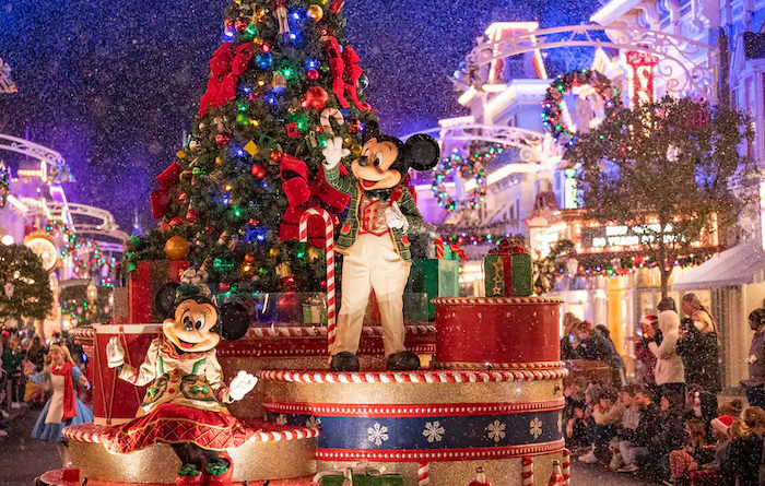Mickey Mouse on a parade float for Mickey's Very Merry Christmas Party