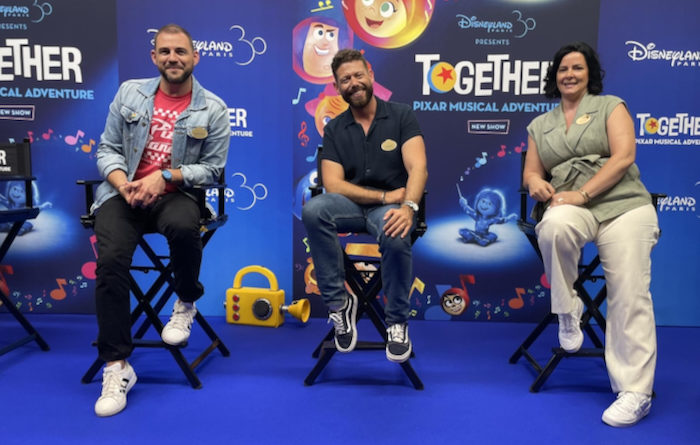 "Together: A Pixar Musical Adventure" producer Astrid Gomez and co-directors Matthieu Robin and Arnaud Feredj at Disneyland Paris press conference