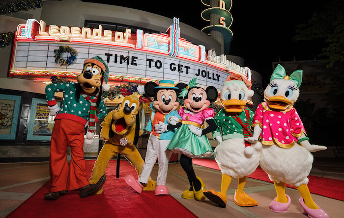 Goofy, Pluto, Mickey, Minnie, Donald and Disy in their Disney Jollywood Nights Costumes