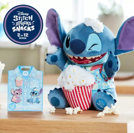 Stitch Attacks Snacks February Collection - Stitch Plush with Popcorn and Stitch and Angel Pin Set with Popcorn