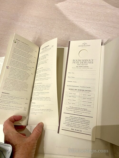 Disneyland Hotel Breakfast Room Service Menu at Disneyland Paris