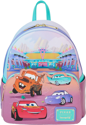 Loungefly Pixar Loungefly Backpack with characters including Lightning McQueen and Mater in front of Flo's V8 Cafe