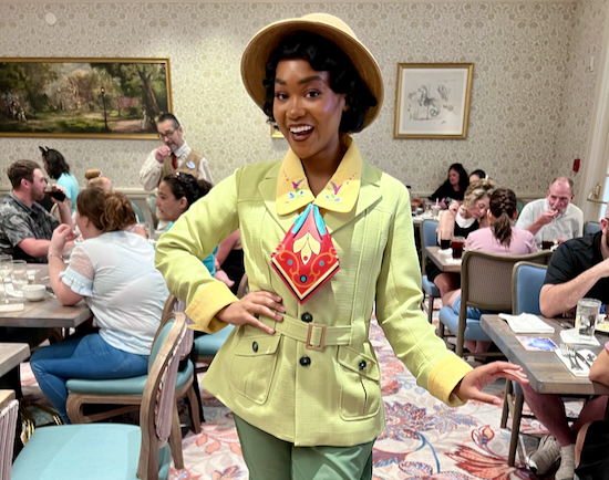 Princess Tiana at 1900 Park Fare Dinner in her Tiana's Bayou Adventure outfit